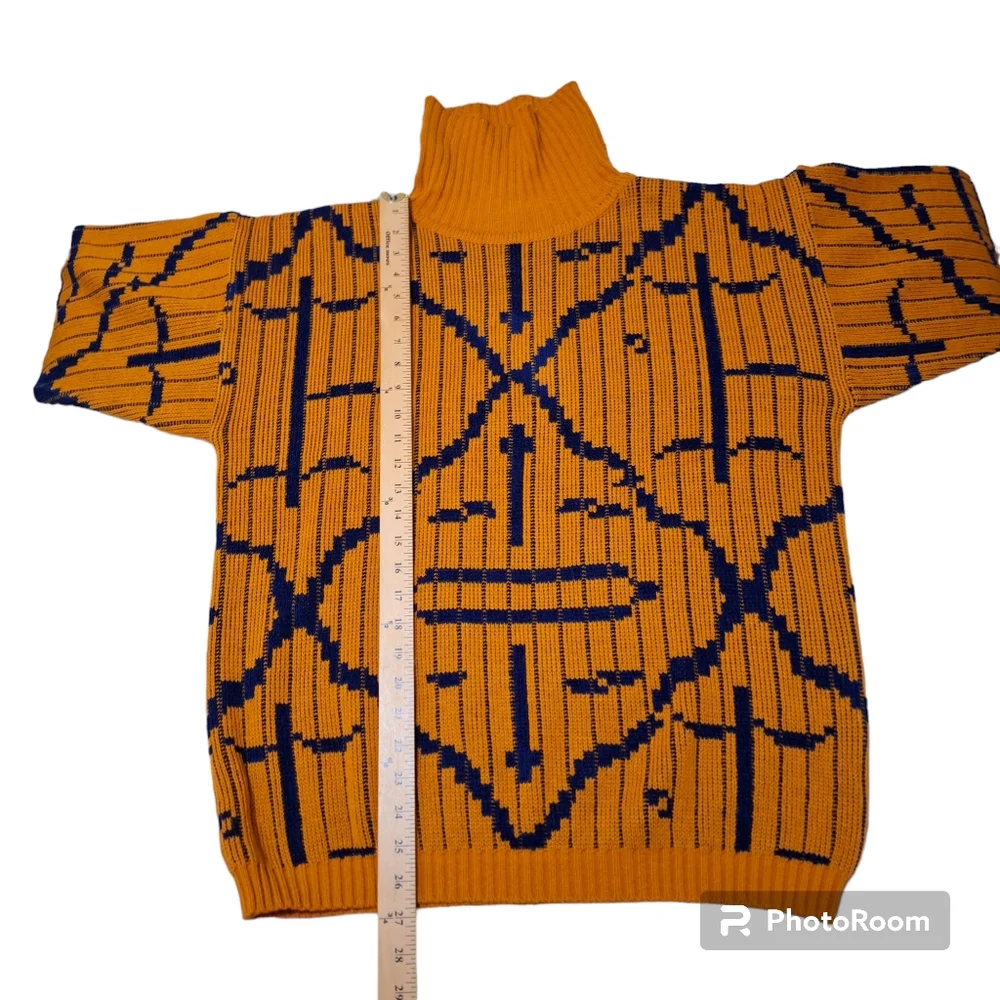VTG LeRoy Knitwear Abstract Modernist 70s Sweater Sz L Orange & Blue - Picture 5 of 6